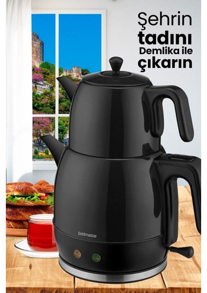 Siyah Xl Geniş Hazneli Paslanmaz Çay ve Su Isıtıcı, Damlatmaz Özellikli