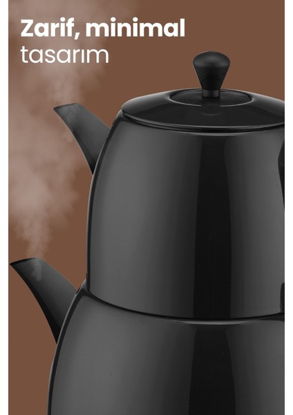 Siyah Xl Geniş Hazneli Paslanmaz Çay ve Su Isıtıcı, Damlatmaz Özellikli