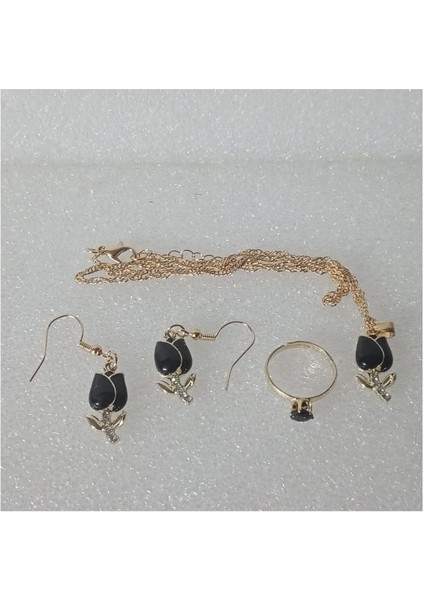 Set Günlük Giyim & Iş Yeri Black Tulıp Zincirli Kolye & Yüzük & Küpe Seti indirimleri