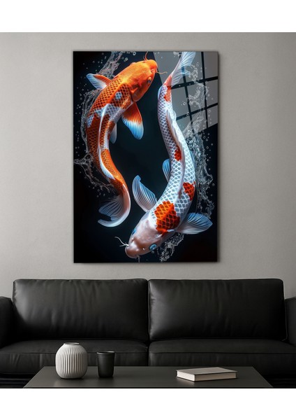 Koi Balığı Cam Tablo – Japon Sanatı Temalı, Uyum ve Şans Simgesi, 4mm Temperli Cam, Zen ve Feng Shui Duvar Dekoru