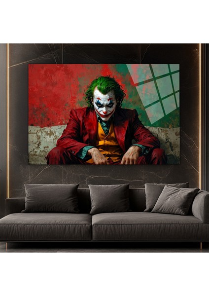 Joker Oturan Karanlık Stil Yatay Cam Tablo – Modern Pop Art Cam Üzeri Baskı Dekorasyon
