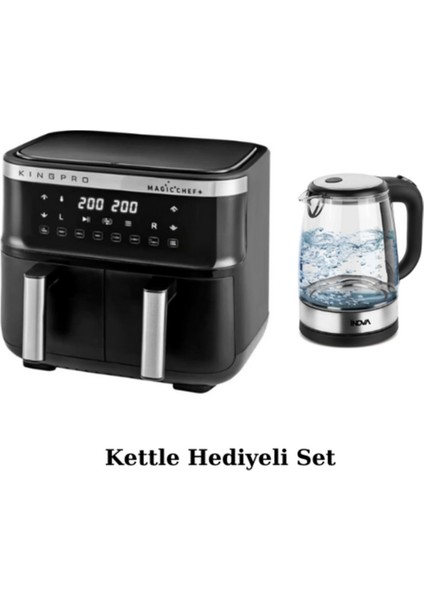 8 Lt Çift Hazneli Yağsız Airfryer Fritöz ve Cam Kettle Hediye Set