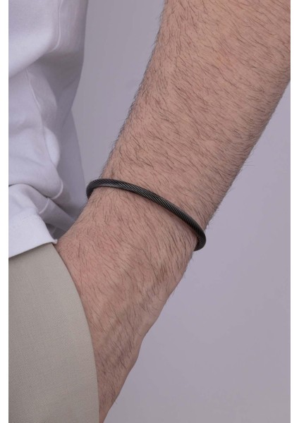 Örgü Model Siyah Çelik Erkek Kelepçe Bileklik