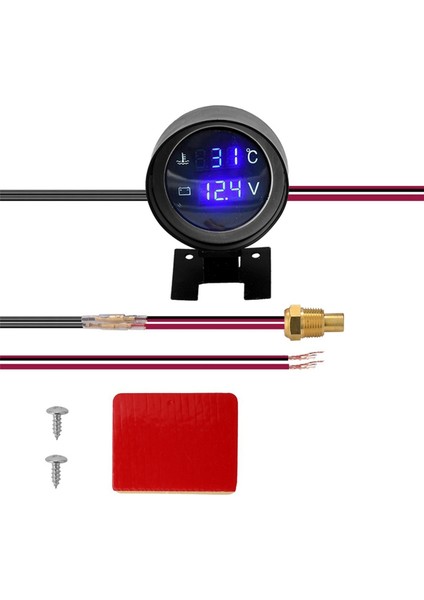 Yuvarlak LED Dijital Araba Kamyon Su Sıcaklık Ölçer Sıcaklık Sensörü Temperatura Moto + Voltmetre Voltaj Ölçer 2'si 1 Arada B (Yurt Dışından)
