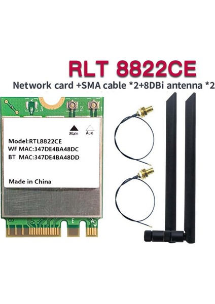 RTL8822CE Wifi Kartı 1200MBPS Çift Bant 2.4g/5g Bluetooth 5.1 M.2 Arayüzü 8dbı Antenlerle Windows 10/11 Için (Yurt Dışından) fiyatları