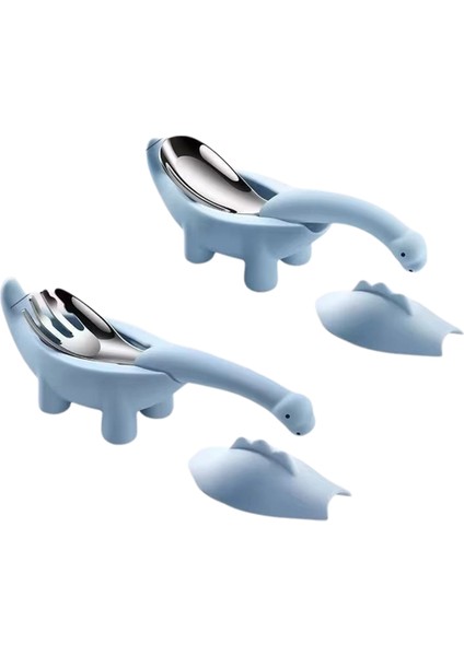 Dinozor Şekilli Bebek Maması Besleme Kaşığı Çatal Çocuk Bebek Karikatür Paslanmaz Çelik Sofra Takımı Mavi (Yurt Dışından)