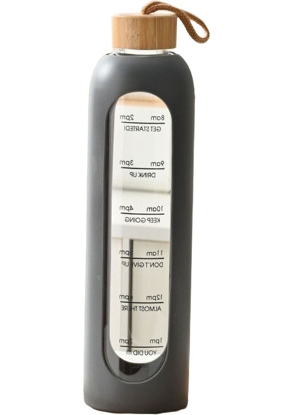 1l Zaman Işaretli Cam Su Şişeleri Taşınabilir Içecek Şişesi Bambu Kapaklı Kurşunsuz Spor Silikon Kılıflı Şişe Siyah (Yurt Dışından)