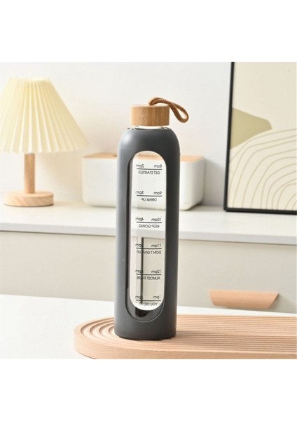 1l Zaman Işaretli Cam Su Şişeleri Taşınabilir Içecek Şişesi Bambu Kapaklı Kurşunsuz Spor Silikon Kılıflı Şişe Siyah (Yurt Dışından) fiyatları