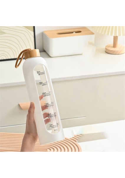 1l Zaman Işaretli Cam Su Şişeleri Taşınabilir Içecek Şişesi Bambu Kapaklı Kurşunsuz Spor Silikon Kılıflı Şişe Siyah (Yurt Dışından) modelleri