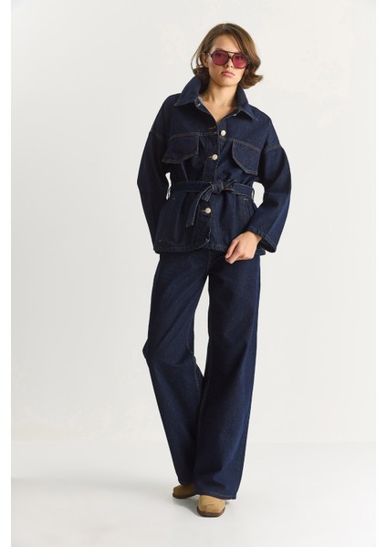 Kadın Cep Detaylı Kuşaklı Ceket Wide Leg Pantolon Premium Denim Takım fiyatları
