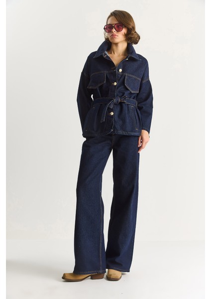 Kadın Cep Detaylı Kuşaklı Ceket Wide Leg Pantolon Premium Denim Takım modelleri