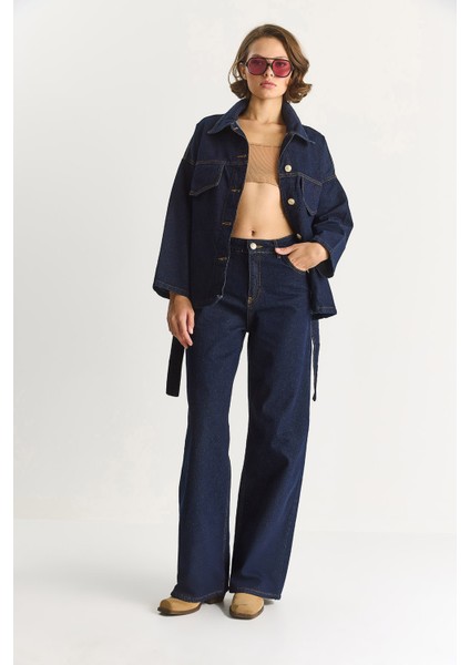 Kadın Cep Detaylı Kuşaklı Ceket Wide Leg Pantolon Premium Denim Takım indirimleri
