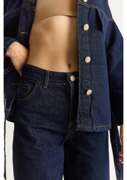 Kadın Cep Detaylı Kuşaklı Ceket Wide Leg Pantolon Premium Denim Takım