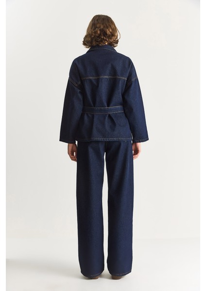 Kadın Cep Detaylı Kuşaklı Ceket Wide Leg Pantolon Premium Denim Takım