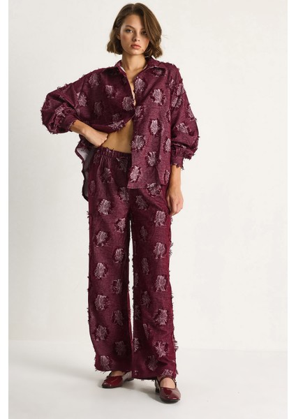 Kadın Oversize Gömlek Beli Lastikli Pantolon Saçaklı Dokuma Alt-Üst Takım