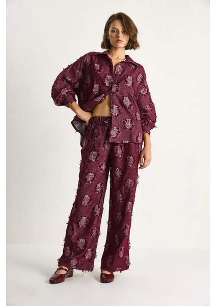 Kadın Oversize Gömlek Beli Lastikli Pantolon Saçaklı Dokuma Alt-Üst Takım fiyatları