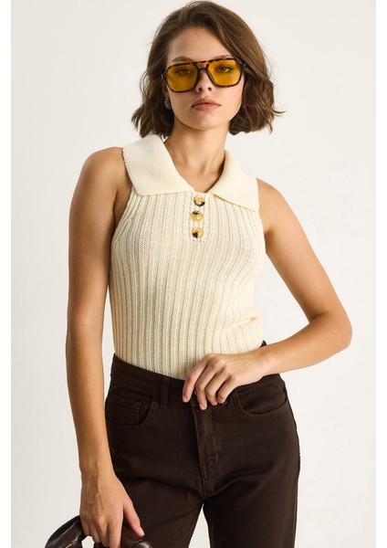 Kadın Yakalı Fitilli Yazlık Triko Bluz