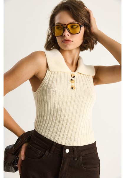 Kadın Yakalı Fitilli Yazlık Triko Bluz