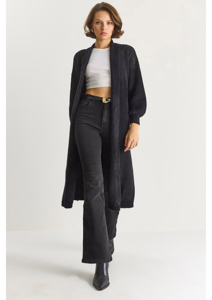 Kadın Şal Yaka Yumuşak Dokulu Sakallı Uzun Triko Yumoş Hırka