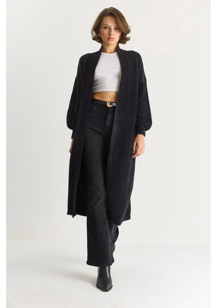 Kadın Şal Yaka Yumuşak Dokulu Sakallı Uzun Triko Yumoş Hırka