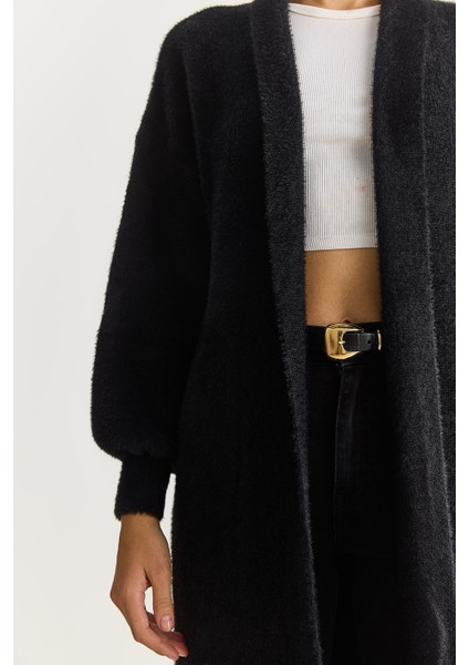 Kadın Şal Yaka Yumuşak Dokulu Sakallı Uzun Triko Yumoş Hırka