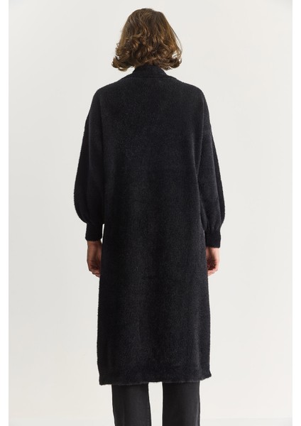 Kadın Şal Yaka Yumuşak Dokulu Sakallı Uzun Triko Yumoş Hırka