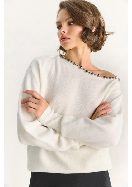 Kadın Taş Işleme Detaylı Tek Omuz Triko Kazak