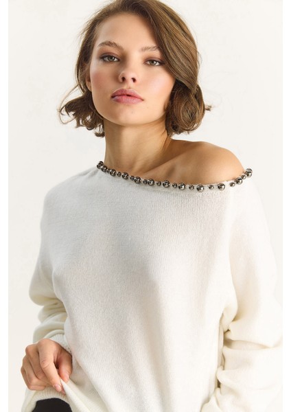 Kadın Taş Işleme Detaylı Tek Omuz Triko Kazak fiyatları