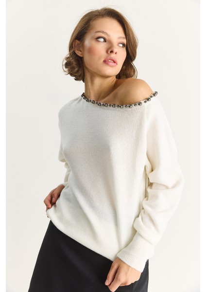 Kadın Taş Işleme Detaylı Tek Omuz Triko Kazak modelleri