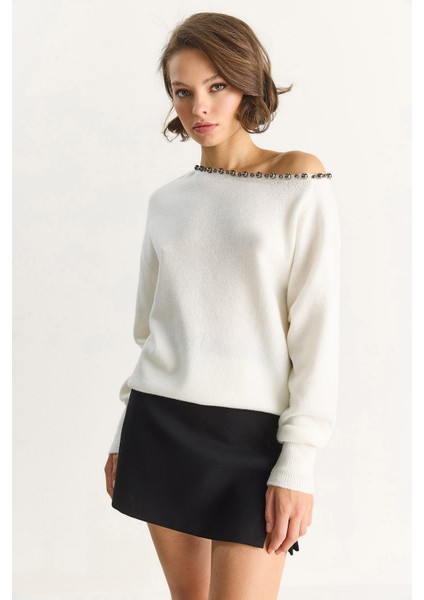 Kadın Taş Işleme Detaylı Tek Omuz Triko Kazak indirimleri