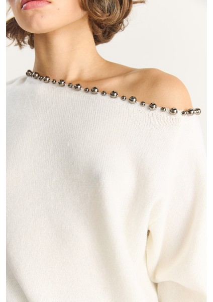 Kadın Taş Işleme Detaylı Tek Omuz Triko Kazak