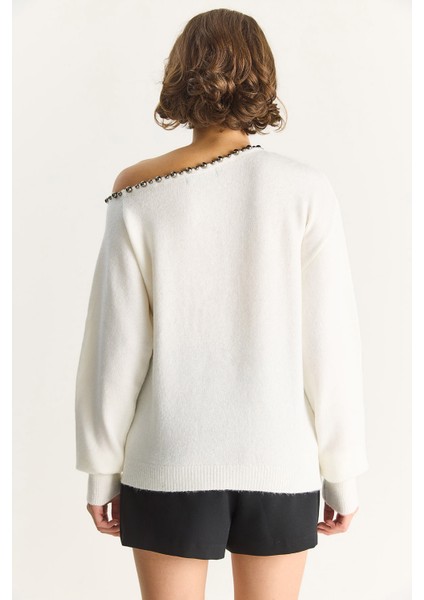 Kadın Taş Işleme Detaylı Tek Omuz Triko Kazak