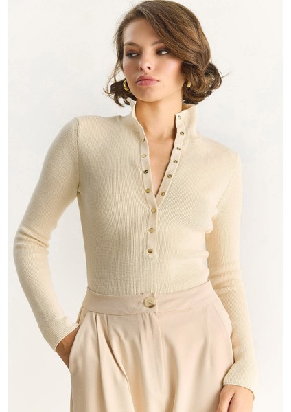 Kadın Çıtçıtlı Fitilli Dik Yaka Uzun Kollu Basic Triko Bluz