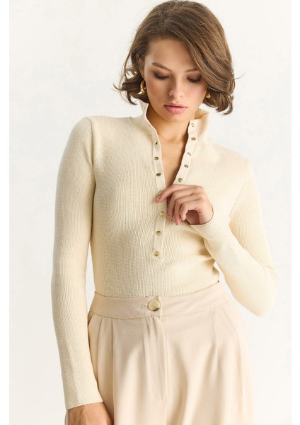 Kadın Çıtçıtlı Fitilli Dik Yaka Uzun Kollu Basic Triko Bluz fırsatları