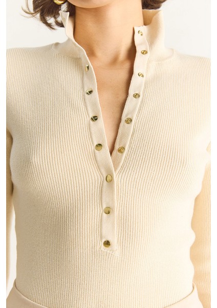 Kadın Çıtçıtlı Fitilli Dik Yaka Uzun Kollu Basic Triko Bluz