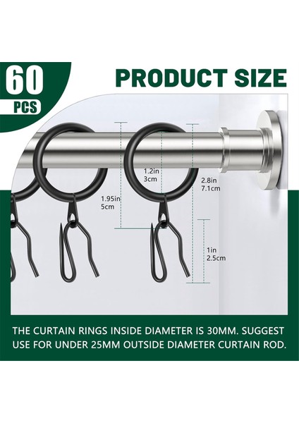 60 Adet Metal Perde Halkası ve 60 Adet Perde Perde Pim Kancası, Pencere, Duş Perdesi Için 30 mm Iç Çap (Yurt Dışından) modelleri