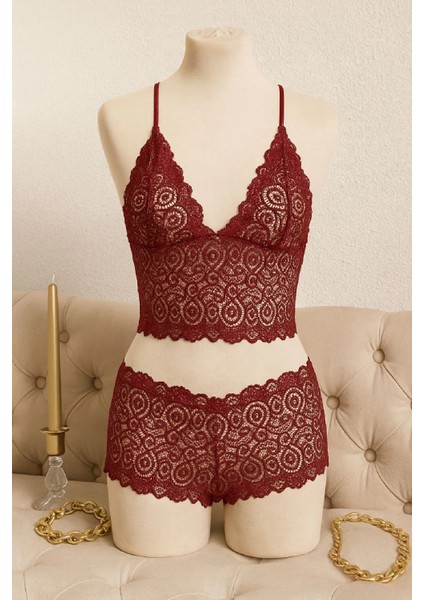 Marsilyan- Kadın Bordo Dantel Bralet Şort Takımı – Asil ve Sofistike Iç Giyim modelleri