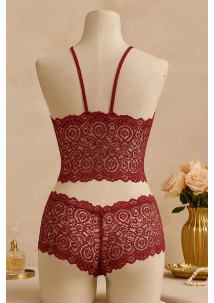 Marsilyan- Kadın Bordo Dantel Bralet Şort Takımı – Asil ve Sofistike Iç Giyim fırsatları