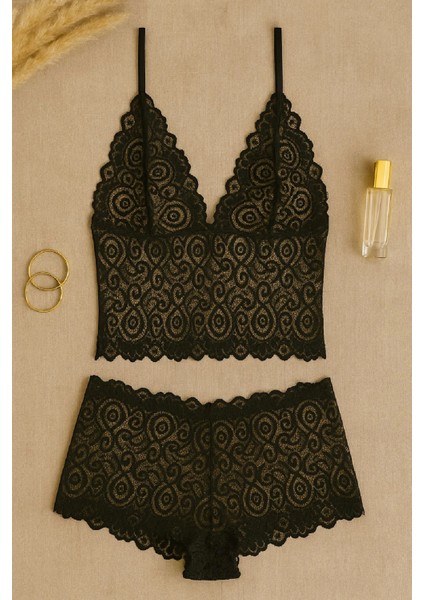 Marsilyan- Kadın Siyah Dantel Bralet Şort Takımı – Şık, Zarif ve Feminen Iç Giyim