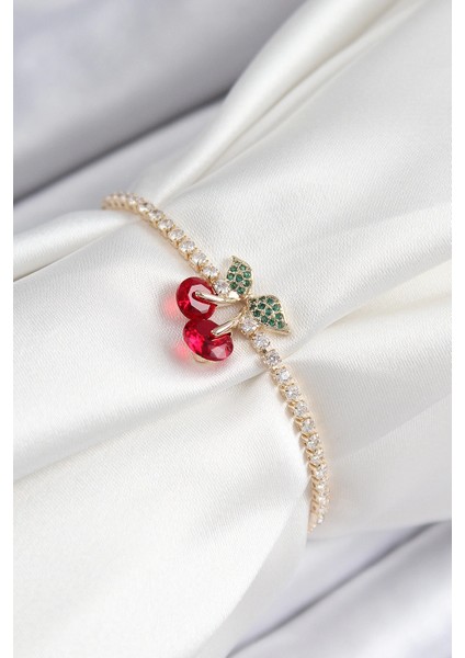 Pirinç Zirkon Taşlı Kiraz Model Gold Renk Asansörlü Kadın Bileklik - TJ-BB7455