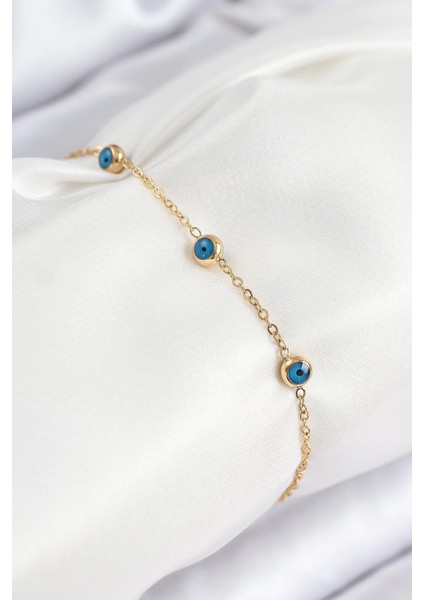 316L Çelik Nazar Boncuğu Model Gold Renk Kadın Bileklik - TJ-BB7841