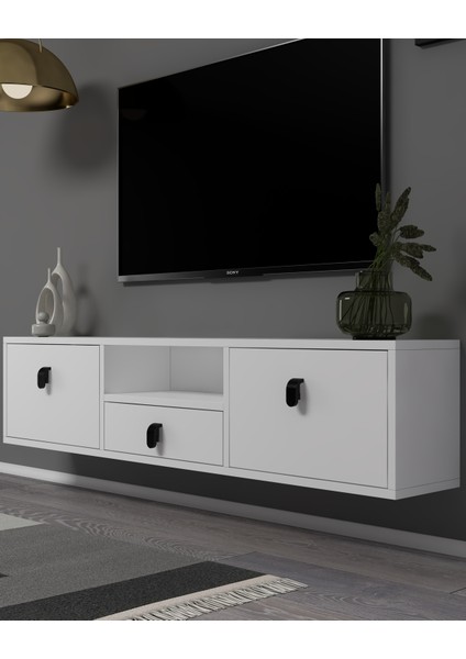 1309DROPDD-1 Duvara Montaj Tv Sehpası Beyaz-Siyah Kulp