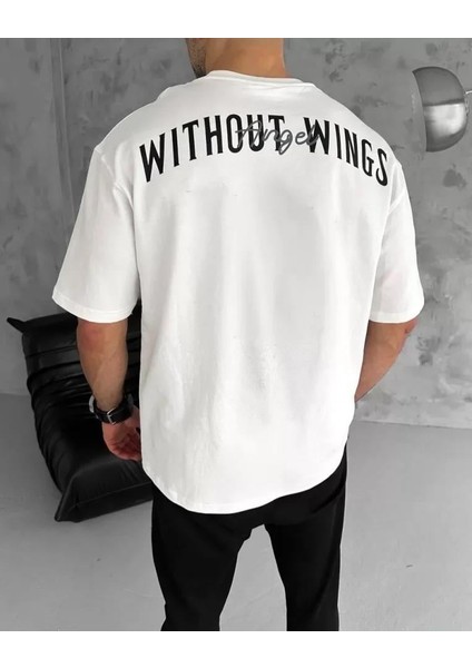 Unisex Bisiklet Yaka Baskılı Oversize T-Shirt - Beyaz fırsatları
