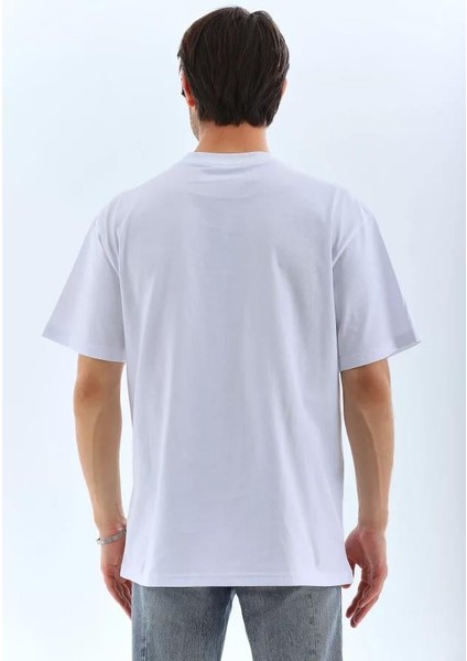 Unisex Oversize Taşlı Bisiklet Yaka T-Shirt - Beyaz fırsatları