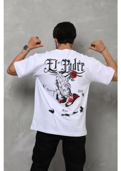 Unisex Bisiklet Yaka Baskılı Oversize T-Shirt - Beyaz indirimleri