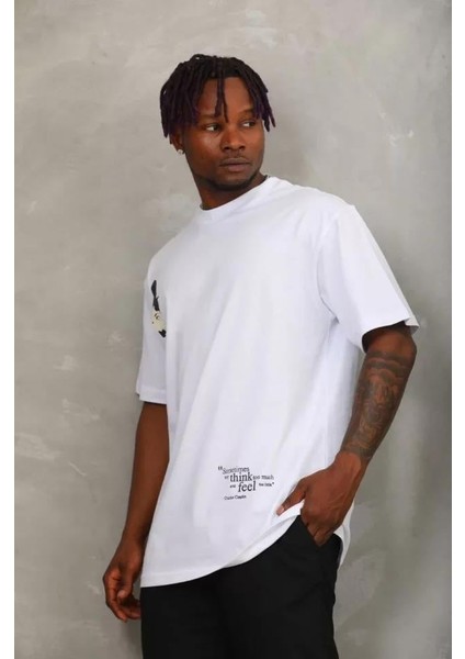 Unisex Oversize Baskılı Bisiklet Yaka T-Shirt - Beyaz modelleri