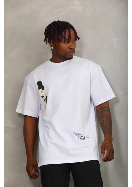 Unisex Oversize Baskılı Bisiklet Yaka T-Shirt - Beyaz indirimleri