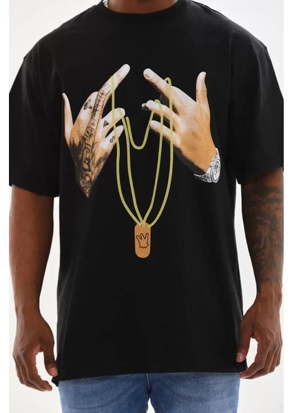 Unisex Baskılı Oversize T-Shirt - Siyah