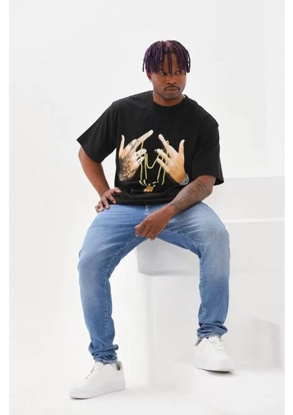 Unisex Baskılı Oversize T-Shirt - Siyah indirimleri
