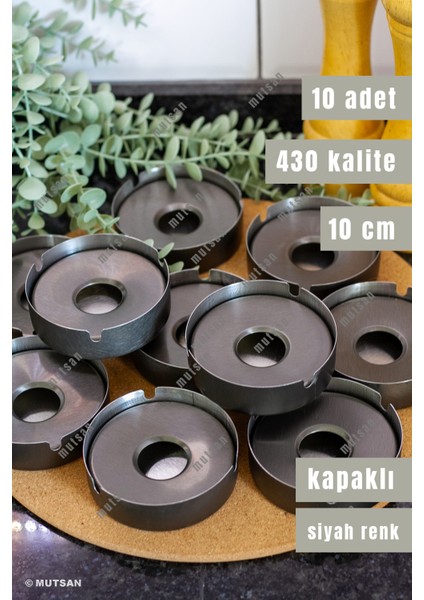 10'lu Siyah Paslanmaz Çelik Kapaklı Küllük Seti | 10 cm 430 Kalite Kültablası | Restoran, Kafe ve Otel